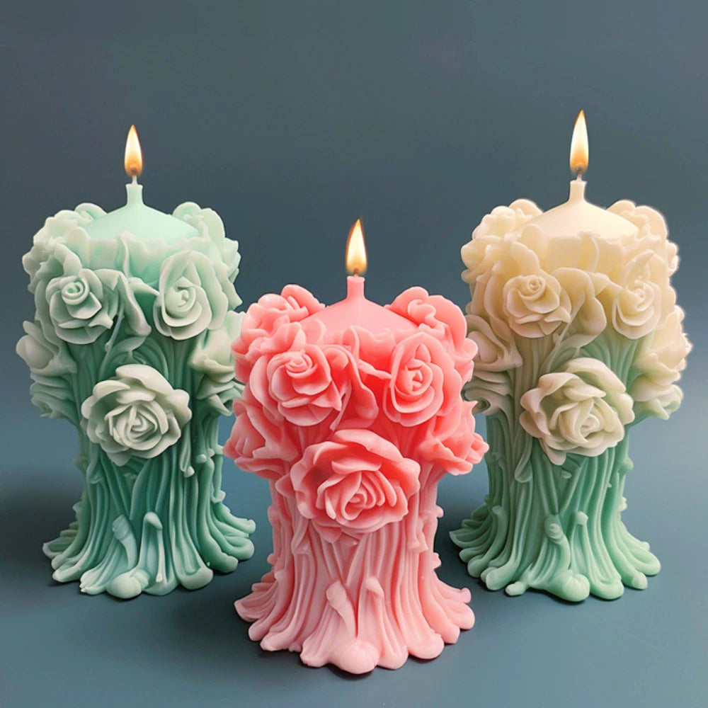 Molde de silicona para jabón de peonía de ratán con forma de columna de flores de rosas románticas para decoración de cenas a la luz de las velas de chocolate para San Valentín