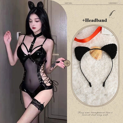 Body de látex BDSM, disfraz de reina, vestido fetiche sexy, malla transparente, conjunto de lencería erótica ajustada para mujer