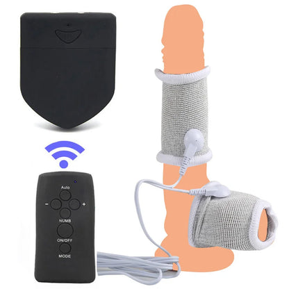 Funda de pene con fibra conductora para electrochoque BDSM, anillos para escroto, estimulación eléctrica, terapia de pene, productos sexuales masculinos para agrandar el pene.